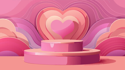 Wall Mural - Pink cylinder two step podium with wave layers and heart shape on wall for Valentine day congratulation or promotion. Realistic 3d vector product platform. Abstract background with stage template.