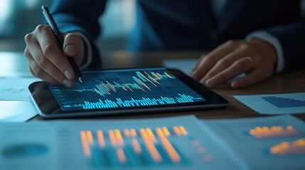 Poster - a businessperson analyzing a line graph on a digital tablet, with other reports and charts spread ou