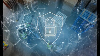 Poster - Animation of network of connections and padlock icon over warehouse