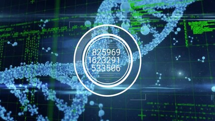 Poster - Animation of scientific data processing over dna strand on dark background
