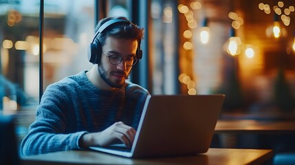 Wall Mural - Young Man Working on Laptop in Cafe with Headphones