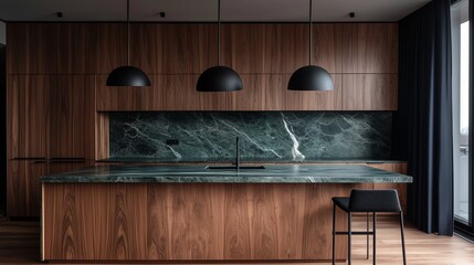 Modern kitchen design featuring a dark green marble island and wooden cabinetry with industrial pendant lighting in an urban apartment