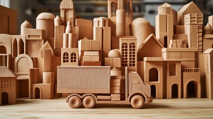 Poster - Clay-modeled delivery truck with oversized wheels navigating through clay buildings with packages in the back Large space for text in center Stock Photo with copy space