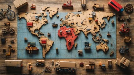 Poster - Clay-style map with delivery route marked by arrows and icons of various transportation modes such as a truck and bike Large space for text in center Stock Photo with copy space