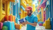 © anantachat - 3D clay-style render of a delivery driver scanning a package barcode with a handheld device in a cheerful clay world Large space for text in center Stock Photo with copy space