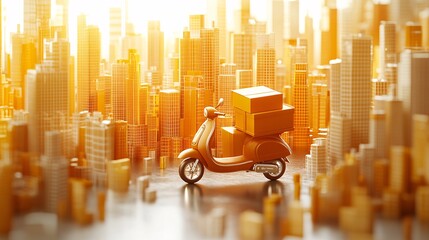 Poster - Colorful clay render of a scooter with a delivery box on the back zooming through a bright city scene Large space for text in center Stock Photo with copy space