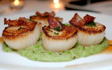 A gourmet dish featuring seared scallops atop a smooth green puree, garnished with crispy bacon and herbs.