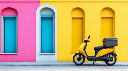Aufkleber - Clay-style delivery bike parked outside a brightly colored storefront as the courier prepares to make a delivery Large space for text in center Stock Photo with copy space