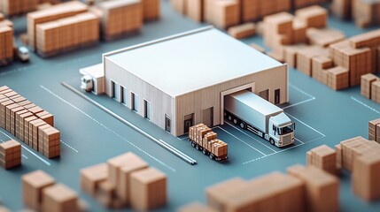Aufkleber - Clay-modeled warehouse scene with delivery trucks being loaded with packages ready for dispatch Large space for text in center Stock Photo with copy space