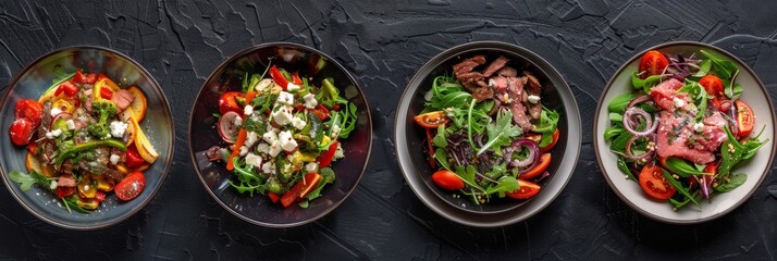 Poster - Spicy Salads Set, Salat Collection with Beef Meat and Vegetables Salats Top View, Restaurant Buffet Menu