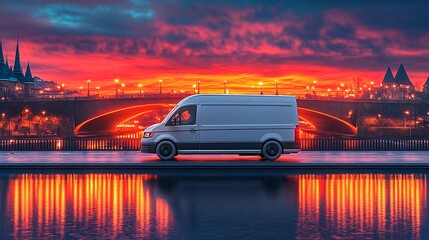 Poster - 3D render of a clay-style delivery van driving across a clay-modeled bridge over a river with the city in the distance Large space for text in center Stock Photo with copy space