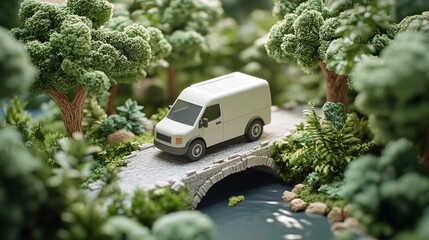 Poster - 3D render of a clay-style delivery van driving across a clay-modeled bridge over a river with the city in the distance Large space for text in center Stock Photo with copy space