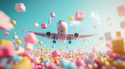 Poster - Clay-modeled airplane flying through a colorful sky with packages dropping down via parachutes Large space for text in center Stock Photo with copy space