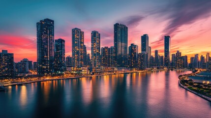 Poster - A cityscape featuring tall high-rise buildings along the riverbank, with a vibrant skyline at sunset and the river illuminated by city lights.