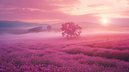 A field of pink flowers with a pink and orange sky in the background