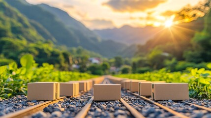 Poster - Clay-modeled train filled with parcels and packages traveling across the countryside with mountains in the background Large space for text in center Stock Photo with copy space