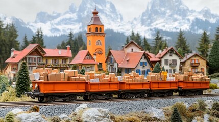 Poster - Clay-modeled train filled with parcels and packages traveling across the countryside with mountains in the background Large space for text in center Stock Photo with copy space