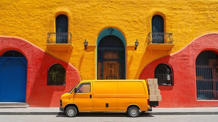 Poster - Clay-style delivery van parked in front of a colorful clay-modeled house with packages being unloaded by the driver Large space for text in center Stock Photo with copy space
