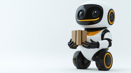 Poster - Cartoon-style delivery robot with rounded features holding a package isolated on a white background Large space for text in center Stock Photo with copy space