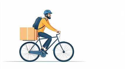 Poster - Cartoon-style bicycle courier with a delivery box on the back riding through a clean white background Large space for text in center Stock Photo with copy space