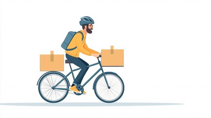 Poster - Cartoon-style bicycle courier with a delivery box on the back riding through a clean white background Large space for text in center Stock Photo with copy space