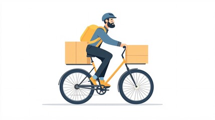 Poster - Cartoon-style bicycle courier with a delivery box on the back riding through a clean white background Large space for text in center Stock Photo with copy space