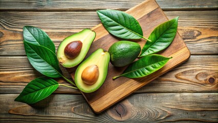 Fresh avocado tree leaves and wooden cutting board with half of avocado, perfect for guacamole ingredients and healthy fat Omega 3 concept with copy space