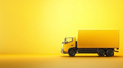 Poster - Cartoon-style delivery truck with oversized wheels and a large cargo box parked on a minimal clean background Large space for text in center Stock Photo with copy space