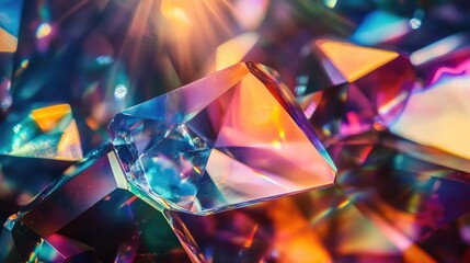 Poster - A close-up of a colorful abstract pattern created by light reflections in a crystal prism, displaying a spectrum of hues and intricate details.