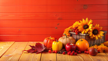 Vibrant autumn arrangement with sunflowers, pumpkins, and red apples on a wooden table