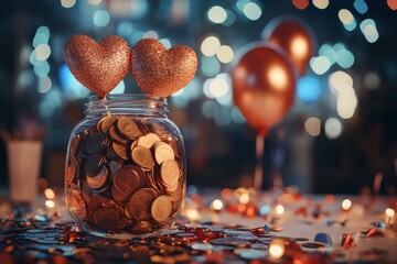 A beautifully decorated money jar filled with coins and featuring two large, glittery heart shapes, placed on a festive charity event table with confetti and balloons 