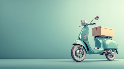 Poster - Cartoon-style electric scooter with a delivery box attached to the back isolated on a simple clean background Large space for text in center Stock Photo with copy space