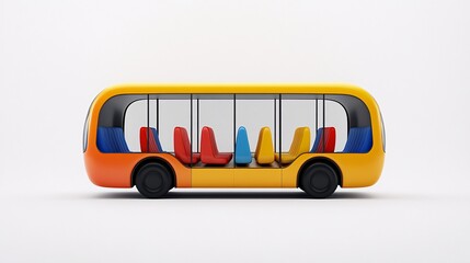 Poster - Cartoon-style passenger bus with rounded windows and colorful seats driving across a clean blank space Large space for text in center Stock Photo with copy space