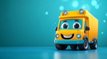 Poster - 3D render of a cartoon-style delivery van with a smiling face on the front ready for service isolated on a clean background Large space for text in center Stock Photo with copy space