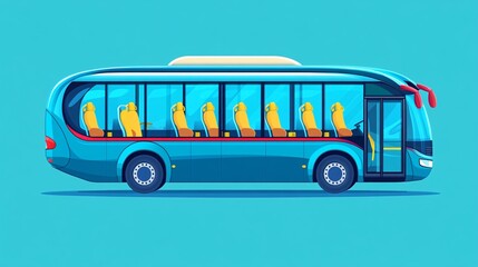 Poster - Cartoon-style passenger bus with rounded windows and colorful seats driving across a clean blank space Large space for text in center Stock Photo with copy space