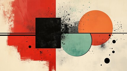 Poster - Abstract geometric design featuring bold colors and shapes with circles and squares on a textured background