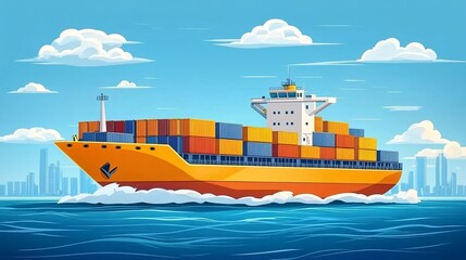 Aufkleber - Cartoon-style cargo ship with exaggerated containers sailing across a clean blue surface ready for transport services Large space for text in center Stock Photo with copy space