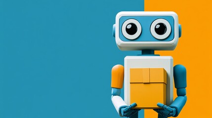 Aufkleber - 3D render of a clay style delivery robot holding a package standing on a clean blank background Large space for text in center Stock Photo with copy space