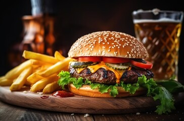 A mouthwatering close-up of an oversized, juicy burger with fries and a cola on the side