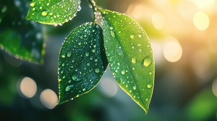 Wall Mural - A close-up of a fresh green leaf with sparkling water droplets clinging to its surface, illuminated by soft morning light and set against a blurred background.