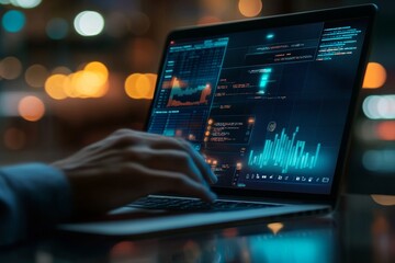 A person's hand uses a laptop with a blue screen displaying charts, graphs, and data.