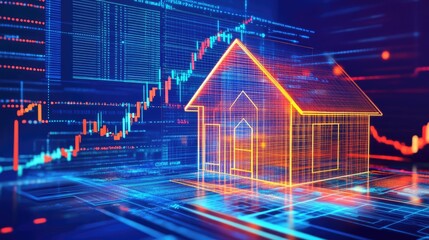 Poster - Bitcoin symbols interwoven with house icons and financial charts, abstractly illustrating the modern real estate market