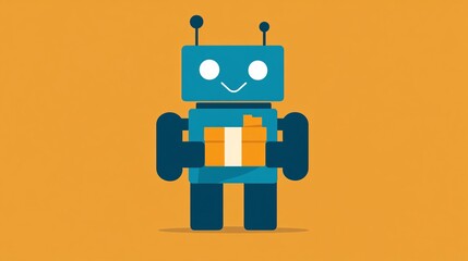 Aufkleber - Brightly colored cartoon style delivery robot holding a package standing on a clean blank background ready for delivery Large space for text in center Stock Photo with copy space