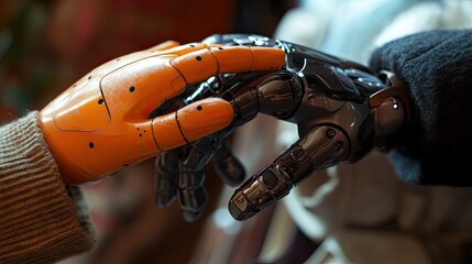 Poster - Close-up of a humanoid robot offering support to an elderly individual, showcasing the future of caregiving and technology.