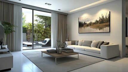 Wall Mural - Modern living room with a view of greenery and serene artwork in a stylish urban apartment during daylight hours