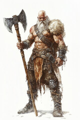 Wall Mural - Watercolor of Older barbarian warrior, wielding a huge greataxe