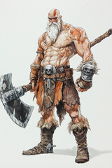 Wall Mural - Watercolor of Older barbarian warrior, wielding a huge greataxe