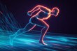 © Suryadil - Wireframe man running on a blue and orange digital path.
