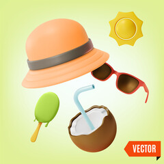 Sticker - 3d Travel and Tourism Concept Cartoon Design Style. Vector illustration of Floating Hat, Sunglasses and Ice Cream