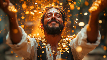 Man rejoicing in colorful confetti at a vibrant festival